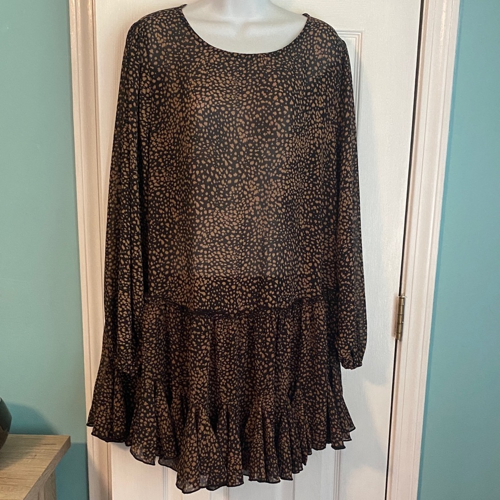 Animal print  Long Sleeve Shear Dress with ruffles